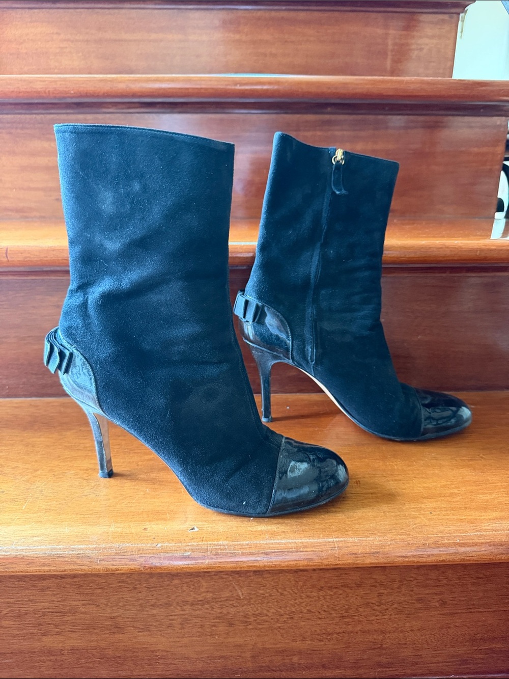 kate spade Black Suede & Patent Toe Ankle Booties